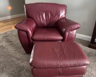 Burgundy leather chair and ottoman