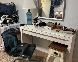 Vanity w/ Glass Top, Blue Acrylic Chair, Makeup Misc.