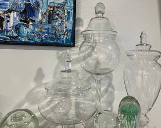 Apothecary/ Candy Glass Jars, Art Glass Paperweights