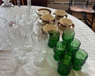 MCM green glasses, Waterford, antique soup cups