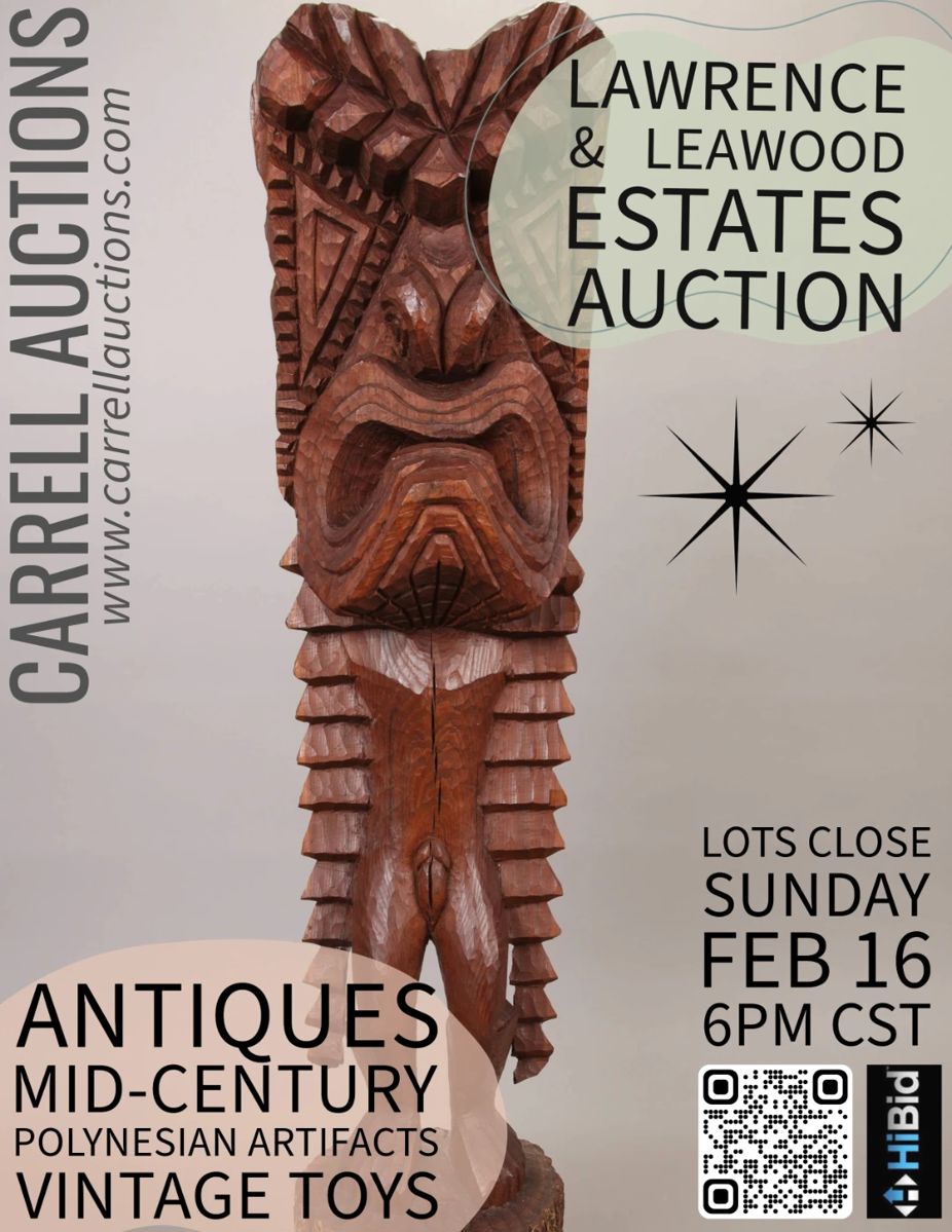 Two Important estates combined:
1. The estate of GARY LONG (Former owner of Cycle Worx LAWRENCE, KS)
This is part three of the Cycle Worx liquidation sale and features antiques, vintage and antique toys, bicycles and vintage bike parts, advertising and ephemera.
2. The estate of KONA ICE (Founders of Kona Ice LEAWOOD, KS)
This estate features great Mid-Century Modern furniture, art, coins, jewelry, household items, speakers, reel to reels, vintage Braniff Airline Uniforms and authentic artifacts from Hawaii (large carved wood Tikis, large wall mosaics, and more!)
This sale has a little something for everyone!