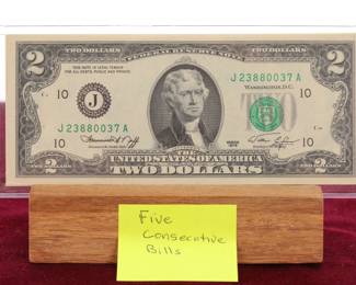5 consecutive serial numbered $2 bills