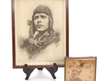 Charles Lindbergh signed (by artist) print & Art Deco clock