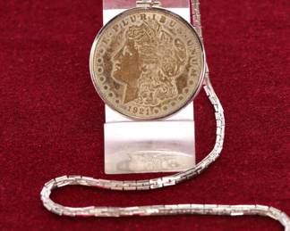 1921 Morgan silver dollar set in watch fob