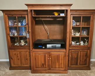 Large 3-piece entertainment center with display/book shelves. Can be repurposed, separated, or used together.