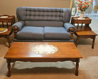 Vintage couch and all-wood coffee table and side tables