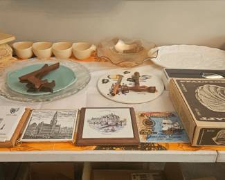 Various decorative items, some vintage from Europe, and including Longaberger and Southern Living pieces.