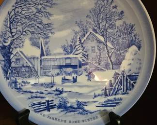 Various decorative items, some vintage from Europe, and including Currier and Ives, Spode, and Anchor Hocking pieces.