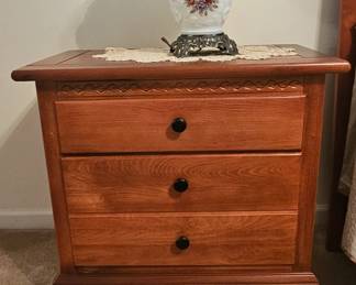 Night stand part of bedroom set.  Pair of vintage hurricane lamps.