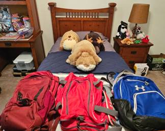 Modern bedroom set includes twin headboard, footboard and wood rails, box springs, dresser and mirror, nightstand, and desk with hutch.