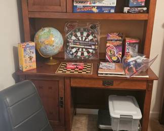 Modern bedroom set includes twin headboard, footboard and wood rails, box springs, dresser and mirror, nightstand, and desk with hutch.