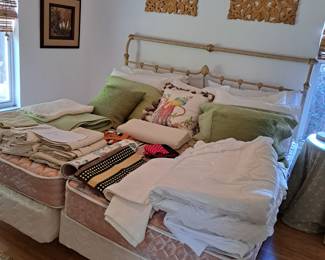 BED LINENS, DECORATIVE PILLOWS AND MORE, TWIN MATTRESSES WITH BOX SPRINGS AND METAL FRAME, KING HEADBOARD, WALL ART