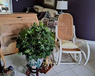 DROP FRONT DESK, BENTWOOD ROCKER, SILK PLANT WITH STAND