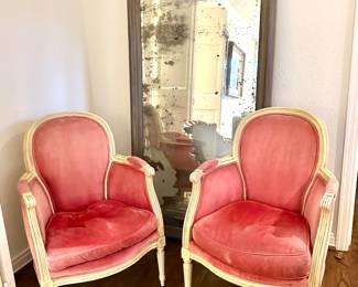 Set of 4 (2 shown here)  Louis XVI Pink Bergere Chairs and Antique French Mirror