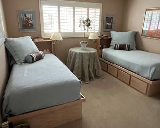 TWIN BEDS WITH UNDERNEATH STORAGE AND BOOKCASE HEADBOARDS