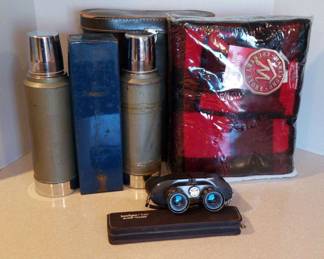 Vintage Plaid Blanket, Thermos Set, Binoculars Kershaw Blade Trader