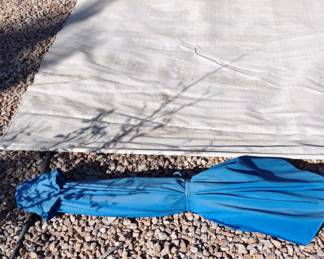 Coolaroo Tan Awning Drape Blue Patio Umbrella