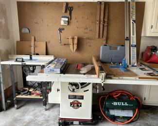 Rockler router table, Jet table saw, Rolair bull compressor