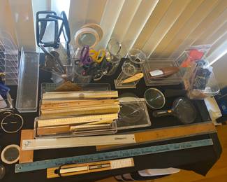 A lot of office storage acrylic pieces, rulers, magnifying  glasses, scissors and more!