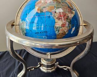 Vintage Semi Precious Stone Inlaid 14” Globe Blue Lapis Gold Stand with Compass