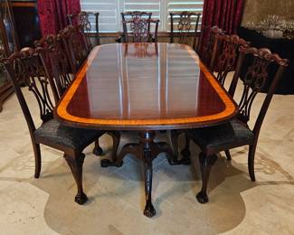 Ethan Allen Chippendale Mahogany Inlaid Dining Table w/ 10 Chairs, 2 Leaves and Pads