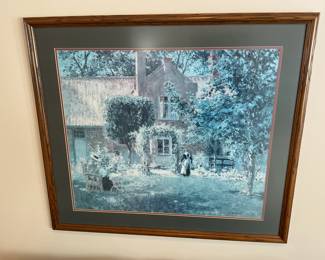 Vintage Watercolor Print - Titled “The Homestead Garden” signed by artist (38 x32”)