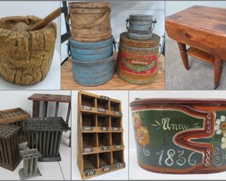 Firkins, hand painted, candle molds, butcher block and unusual mortar and pestle