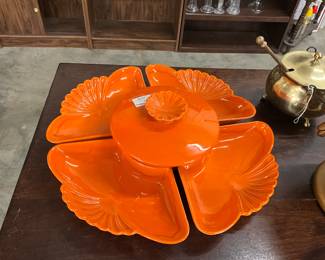 Orange California Pottery Lazy Susan Chip & Covered Dip