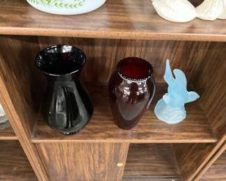 Blenko Vase - Red Anchor Hocking Vase - Frosted Glass Blue Bird Figurine