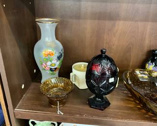 Toscany Painted Vase - Amber Glass Sherbert Cup - Ruby Red Footed Egg Candy Dish