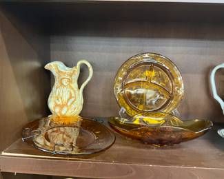 Bisque Pitcher and Amber Glass Plate, Divided Plate & Relish Dish