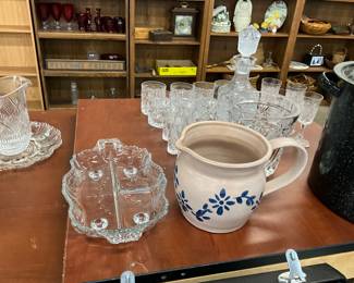 Cambridge Rose Point Relish Dish & Blue Floral Pottery Pitcher