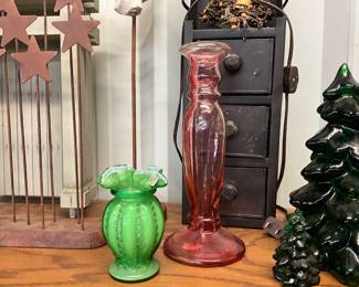 Fenton Green Jack in the Pulpit Vase & Pink Glass Candle Holder 