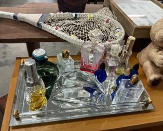Perfume Bottles - Clear Glass Paperweight - Mirrored Display Tray
