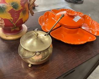 Brass Cauldron & Lid - Orange California Pottery Lazy Susan Chip & Covered Dip