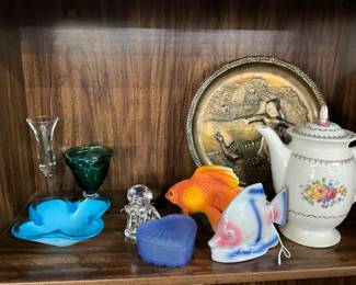 Blue Art Glass Bowl - Blue Heart Trinket Dish - Porcelain Tea Pot
