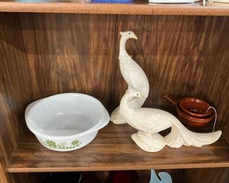 Green Daisy Glasbake Casserole Dish - California Potter Peacock Figurines