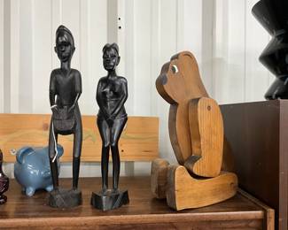 Man & Woman Possibly Ebony Wood Figurines - Blue Piggy Bank