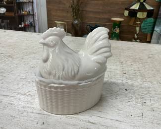 White Ceramic Rooster Covered Dish