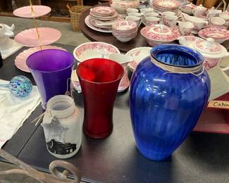 Ancho Hocking Blue Vase & Purple /Red Vase