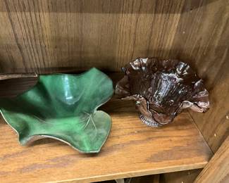 Glazed Ceramic Leaf Pottery Bowl & Possibly Fenton or Westmoreland Carnival Glass Bowl