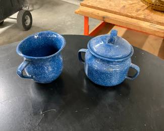 Blue Speckled Enamelware Creamer & Sugar Bowl w/Lid