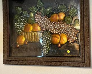 Framed painted metal fruit basket w grapes art