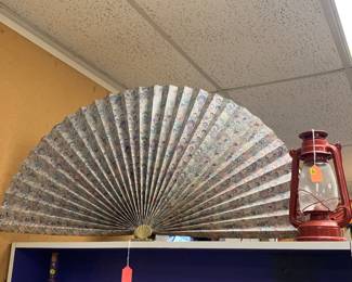 Vintage pleated paper w brass bas fireplace screen, oil lantern