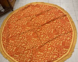 MCM round tablecloth gold w burnt orange design and gold fringe