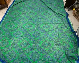 MCM Bedspread emerald green w blue design and fringe, 8’ x 5’