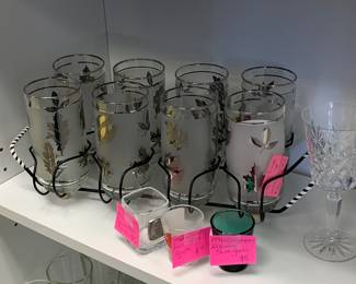 MCM Libby Silver Lead glasses with original caddy, vintage and MCM barglass