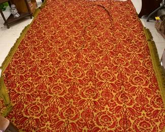 MCM Bedspead gold w red design and gold fringe 5’ x 8’