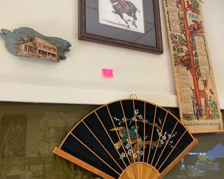 Framed Polo pony print, MCM painted wooden fan