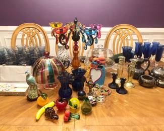 Colorful art glass including a multicolored candelabra 